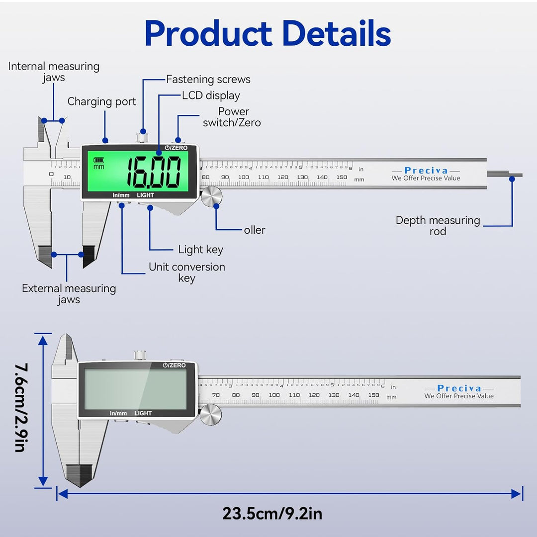 Preciva 150mm Digitaler Messschieber, Digitale Schieblehre Edelstahl Wiederaufladbar IP54 - Wasserdi