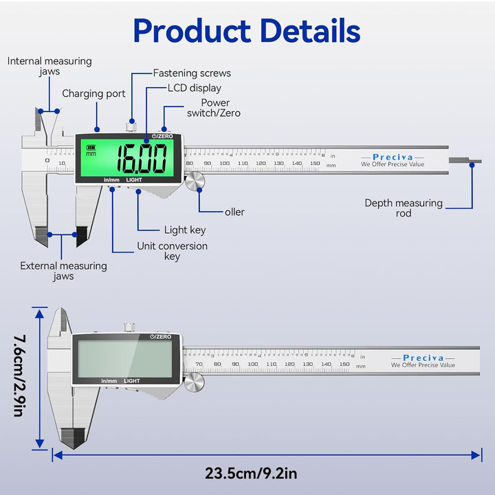 Preciva 150mm Digitaler Messschieber, Digitale Schieblehre Edelstahl Wiederaufladbar IP54 - Wasserdi