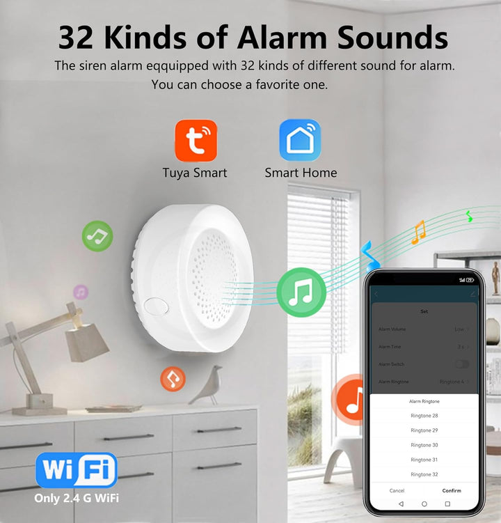 Smart Sirenenalarm, lautstark 100dB, kabelloser Alarm für Tür-Fenster-Sensor, 32 Arten von Alarmton