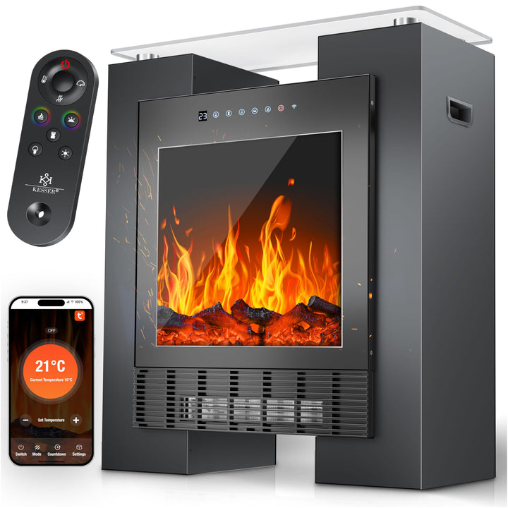 KESSER® LED Kamin mit Heizung elektrisch | Heizlüfter Elektrokamin mit Thermostat, Standkamin mit re