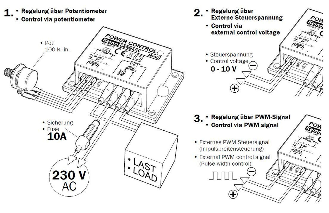 Kemo M240 Leistungsregler multifunktional 230 V/AC, 10 A. Für Motoren, Lampen, dimmbare LEDs usw. Üb