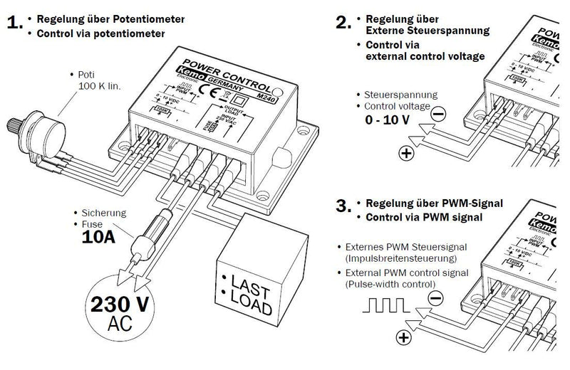 Kemo M240 Leistungsregler multifunktional 230 V/AC, 10 A. Für Motoren, Lampen, dimmbare LEDs usw. Üb