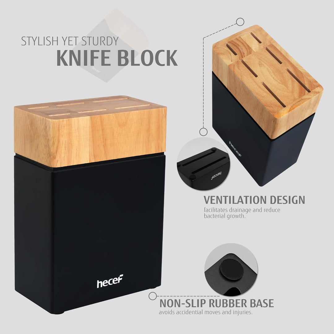 hecef Messerblock mit Messer, 7-tlg Scharfe Messerset mit Vollzahn-Konstruktion, Edelstahl Küchenmes