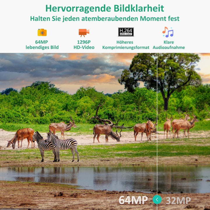GardePro E8 Wildkamera WLAN mit 32 GB SD-Karte, 64MP H.264 1296P Video, 27m Infrarot Nachtsicht Bewe