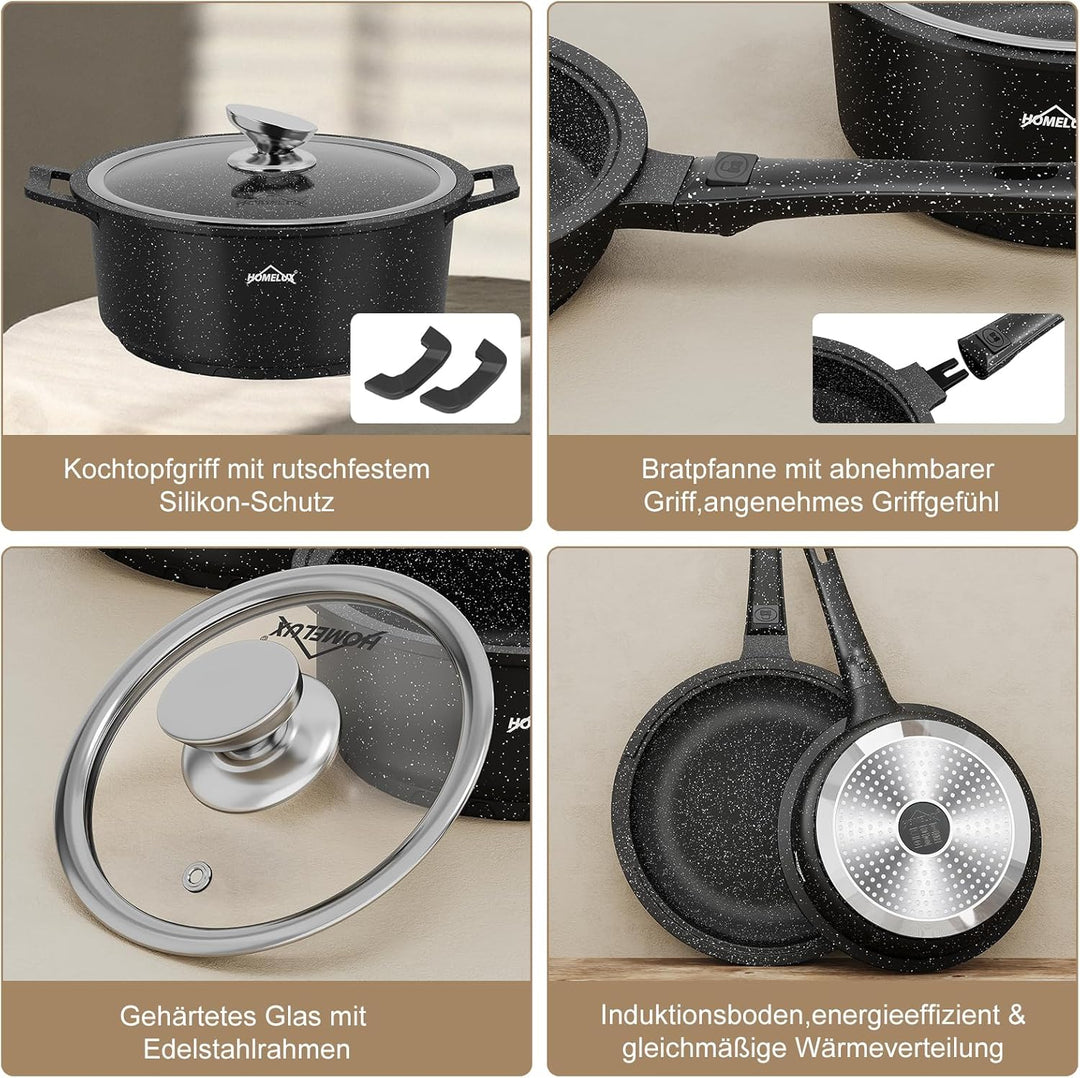 HOMELUX Topfset Induktion mit Abnehmbarer Griff,10-TLG Topf und Pfannenset, Pfanne 24/28cm,Milchtopf