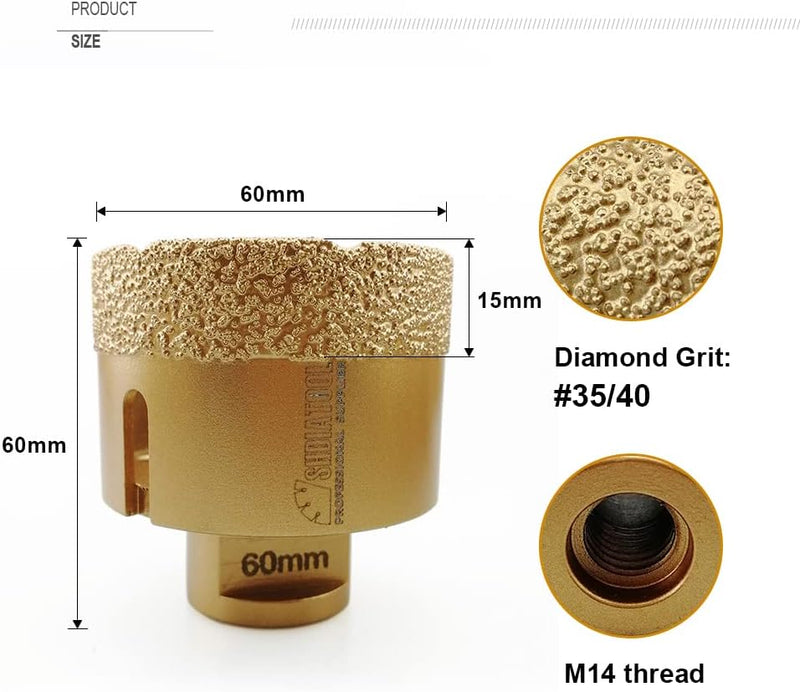 SHDIATOOL Diamant-bohrkrone fliesenbohrer für winkelschleifer M14 Trocken- oder Nass bohren auf hart