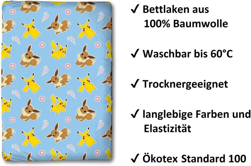 Pokemon Bettwäsche Set 3-teilig 135x200 80x80 cm mit Spannbettlaken 90x200 cm · Pokémon Pikachu hell