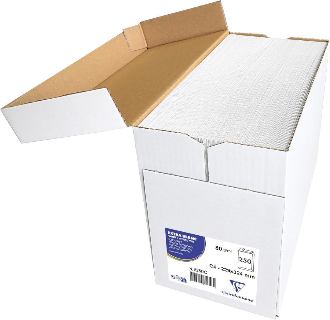 Clairefontaine 8250C - Karton mit 250 Versandtaschen weiss C4-229x324 mm, selbstklebend, 120g, 1 Kar