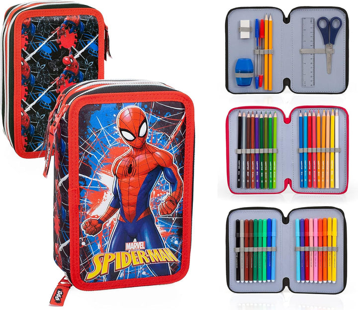 L'ERBAVOGLIO Federmäppchen für Schule, 3 Reissverschluss, komplett mit 44 Stück, Spiderman (rot/schw