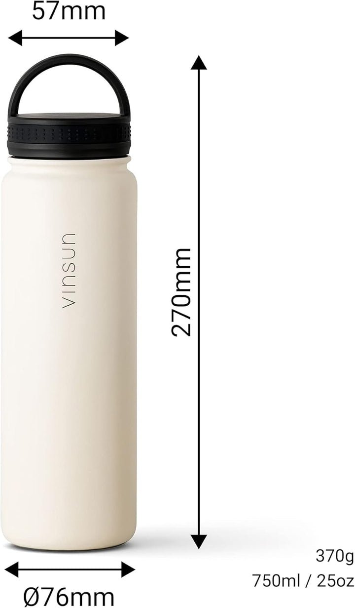 Vinsun Edelstahl Trinkflasche 750ml - 3 Deckel - auslaufsicher, Kohlensäure geeignet, BPA frei - The