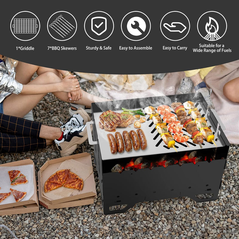 Onlyfire Mobiler Mangal Kohlegrill | Schaschlik Grill mit Plancha Grillplatte & 7 Spiesse, 2 in 1 Tr