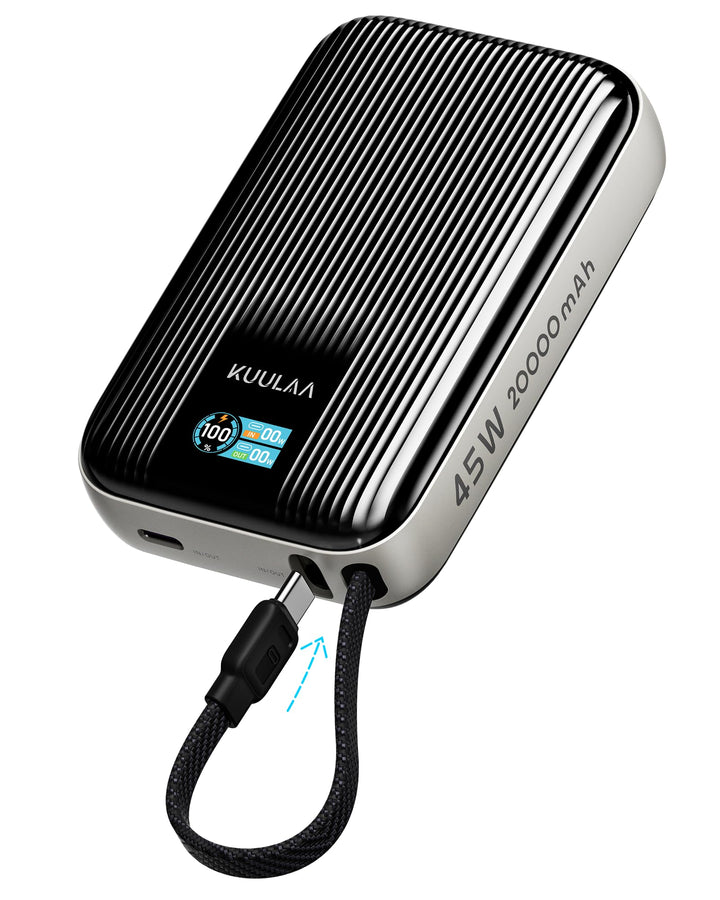 Power Bank 20000mAh, Ultra Klein 45W Schnellladung Powerbank mit Integriertem USB C Kabel &amp; LED Disp
