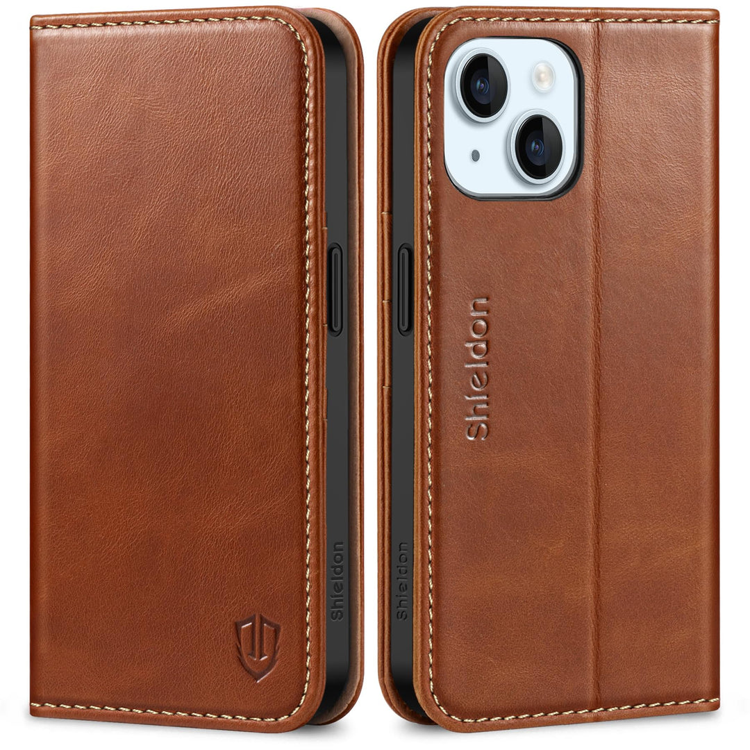 SHIELDON Hülle für iPhone 15, Lederhülle [Echtleder] [RFID Blocker] [Kartenfach] [Magnet] TPU Stossf