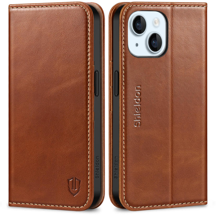 SHIELDON Hülle für iPhone 15, Lederhülle [Echtleder] [RFID Blocker] [Kartenfach] [Magnet] TPU Stossf