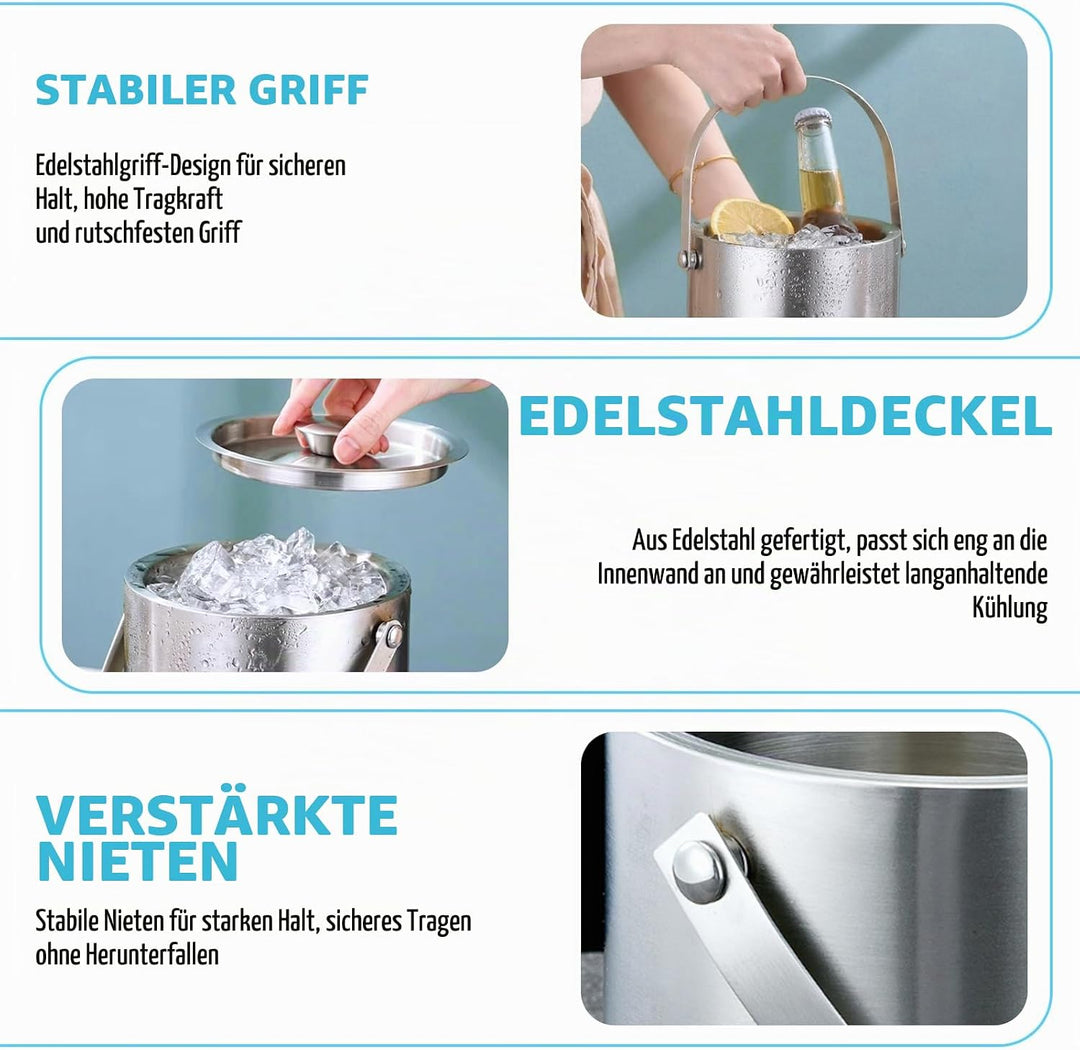 4L Eiswürfelbehälter mit Deckel, Edelstahl Doppelwandiger Eiskübel Set mit Sieb Eiszange Eisschaufel