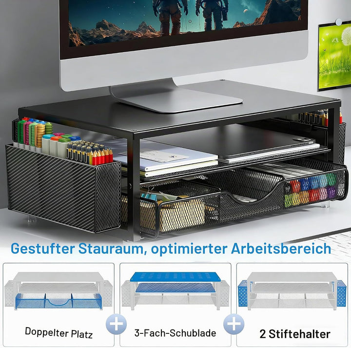 Monitorständer mit Schublade, Schreibtischorganizer und Zubehör, 2-stufiger Computer Monitor Erhöhun