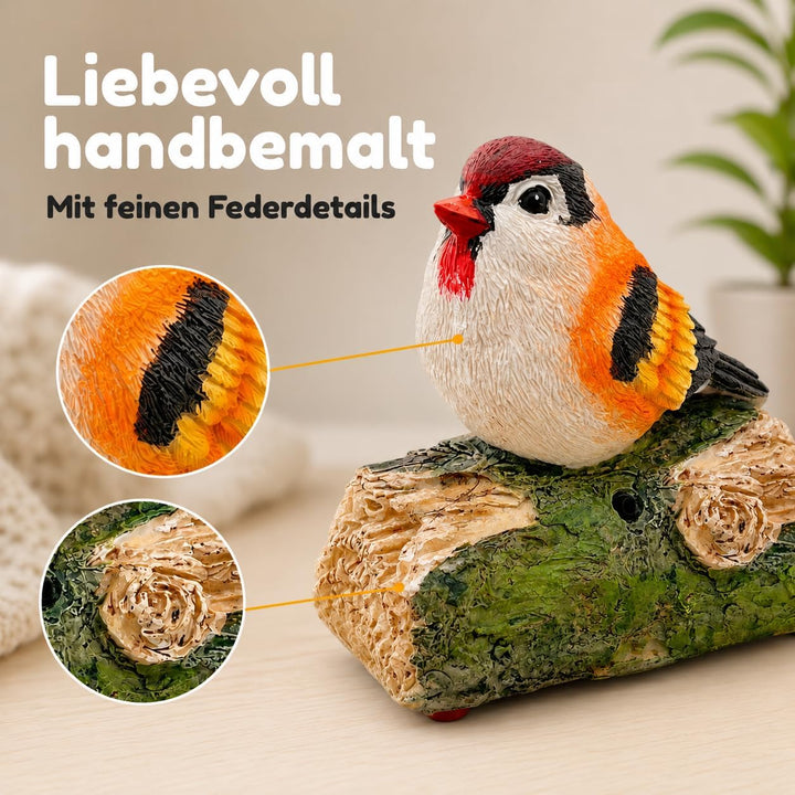 MIJOMA Dekovogel mit Vogelgezwitscher & Bewegungsmelder – Zwitschernder Vogel auf AST, Handbemalt, 1