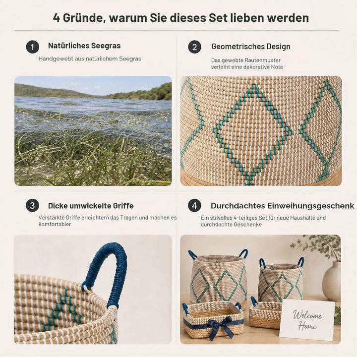 4er Set Aufbewahrungskorb Seegraskorb mit Griffen, Wäschekorb Geflochtener Korb, Handgeflochtener Sp