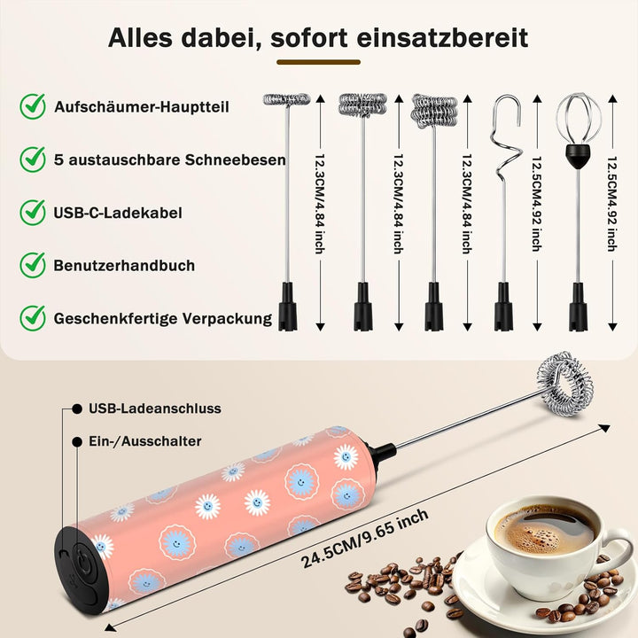 Milchschäumer Elektrisch USB-C mit 5 Wechselbaren Edelstahl-Schneebesen–2 Einstellbare Geschwindigke