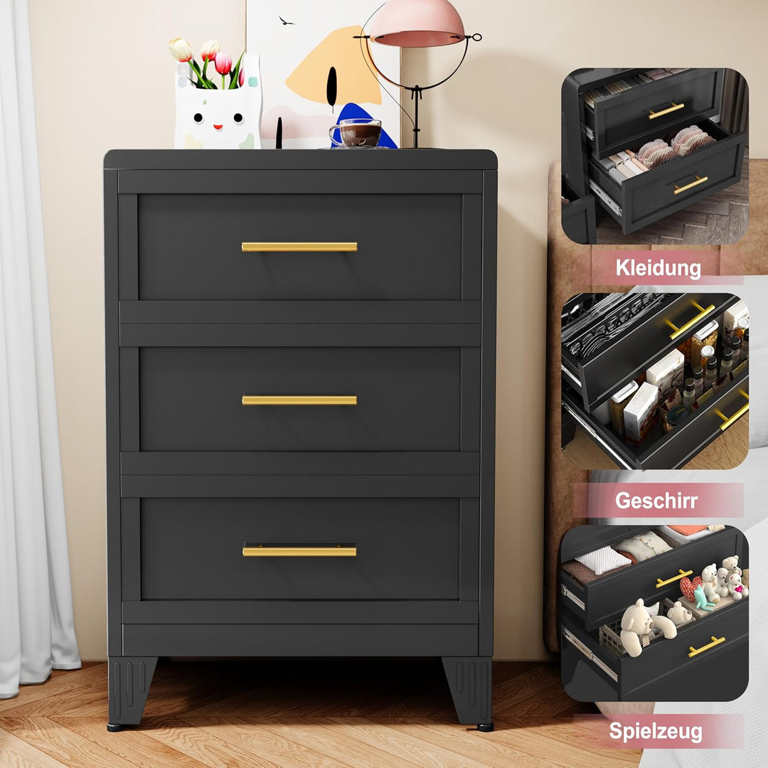 90㎝ Hoche Kommode für Schlafzimmer 3 Schubladen, Metallkomode, Runde Schubladenschrank für Zuhause,