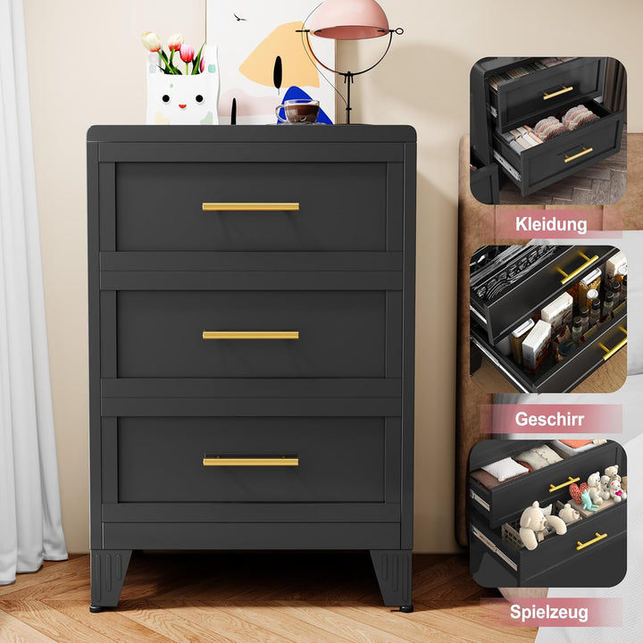 90㎝ Hoche Kommode für Schlafzimmer 3 Schubladen, Metallkomode, Runde Schubladenschrank für Zuhause,