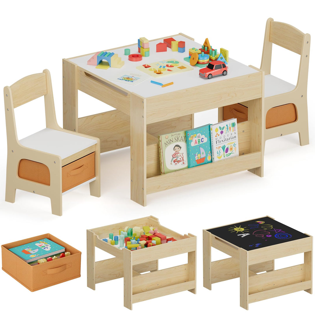 MAMIZO Kindertisch mit 2 PCS Stühlen, 3 in 1 Kinder Tisch Stuhl Set, Kindermöbel Set aus Holz mit St