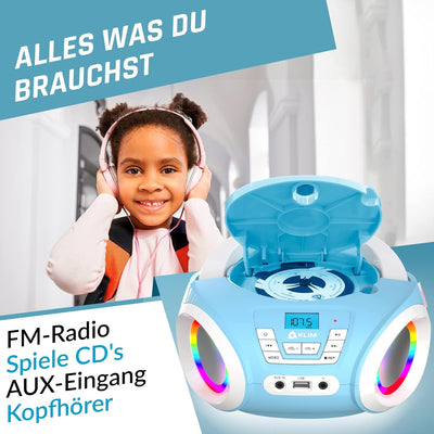 KLIM Candy Kids Boombox CD-Player für Kinder NEU 2024 + UKW-Radio + Inklusive Batterien + Blaues Rad