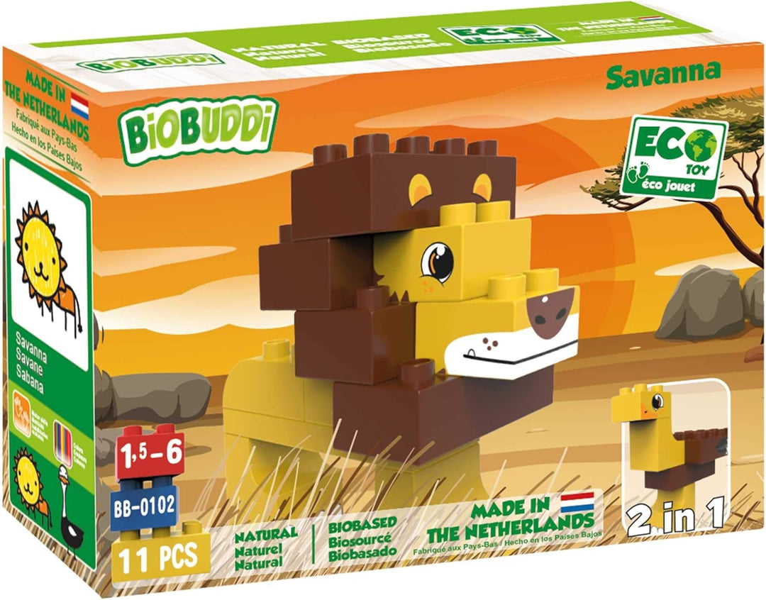 BIOBUDDI Wilde Tiere | Löwe in der Savanne, 11 Teile, 100% kompatibel mit Lego & duplo, klimaneutral