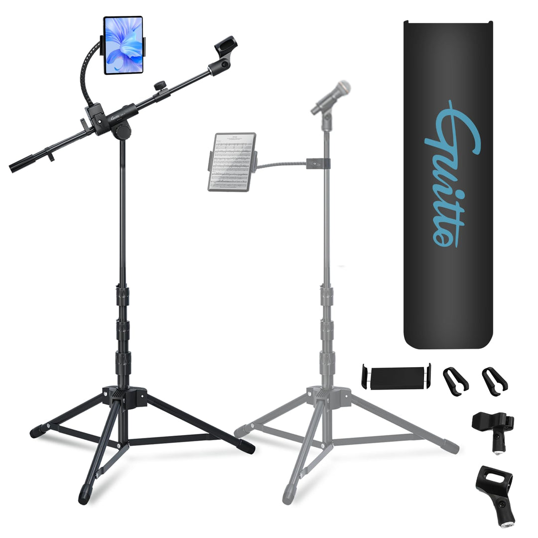 GUITTO Mikrofonständer mit Doppel-Halter für Smartphone/Tablet Verstellbarer Boomarm, schwerer Boden