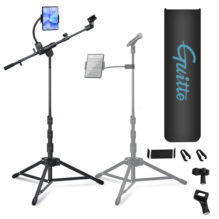 GUITTO Mikrofonständer mit Doppel-Halter für Smartphone/Tablet Verstellbarer Boomarm, schwerer Boden