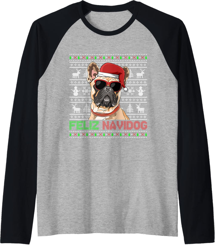 Französische Bulldogge Feliz Navidog Lustige Weihnachten Raglan