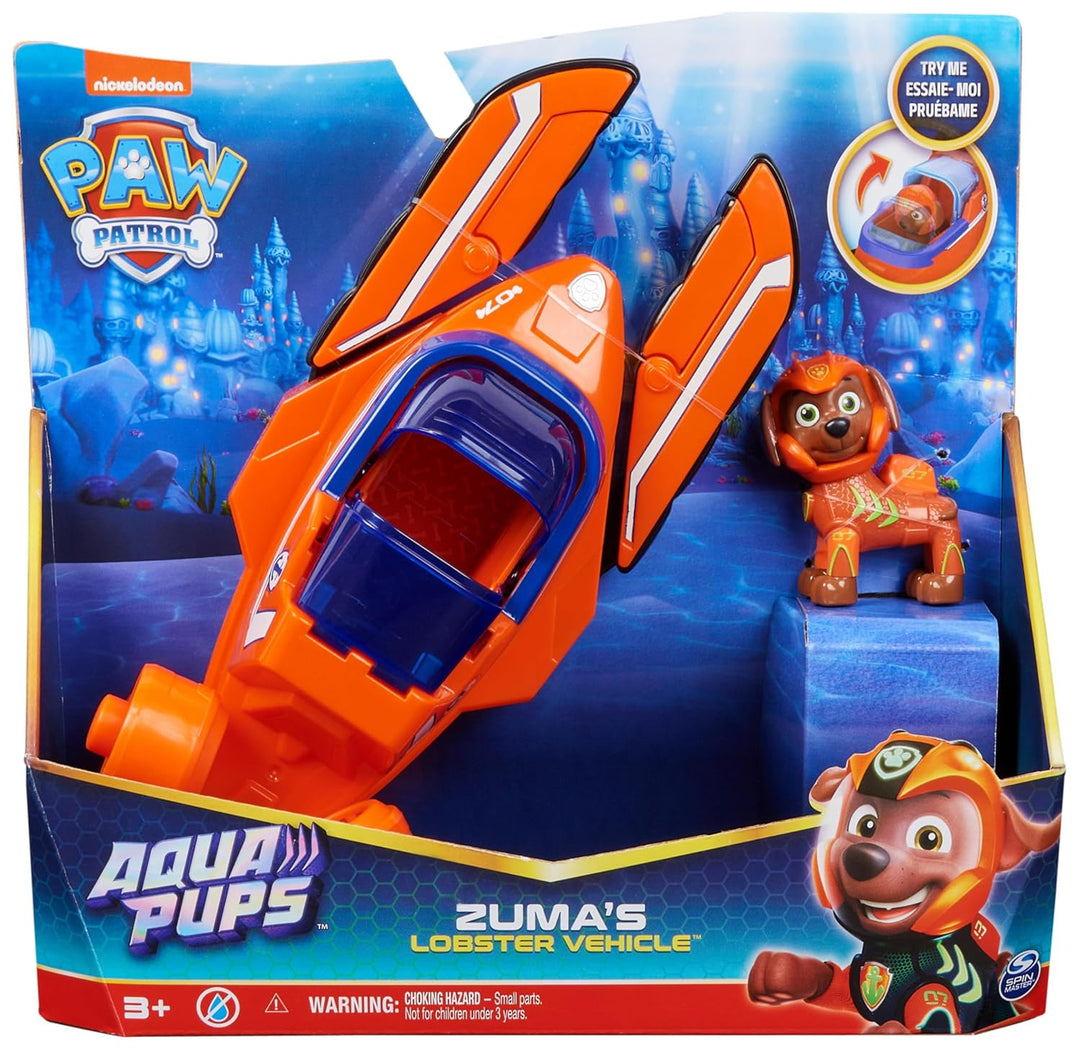 PAW PATROL, Aqua Pups - Basis Fahrzeug Spielzeugauto im Hummer-Design mit Zuma Welpenfigur, Spielzeu