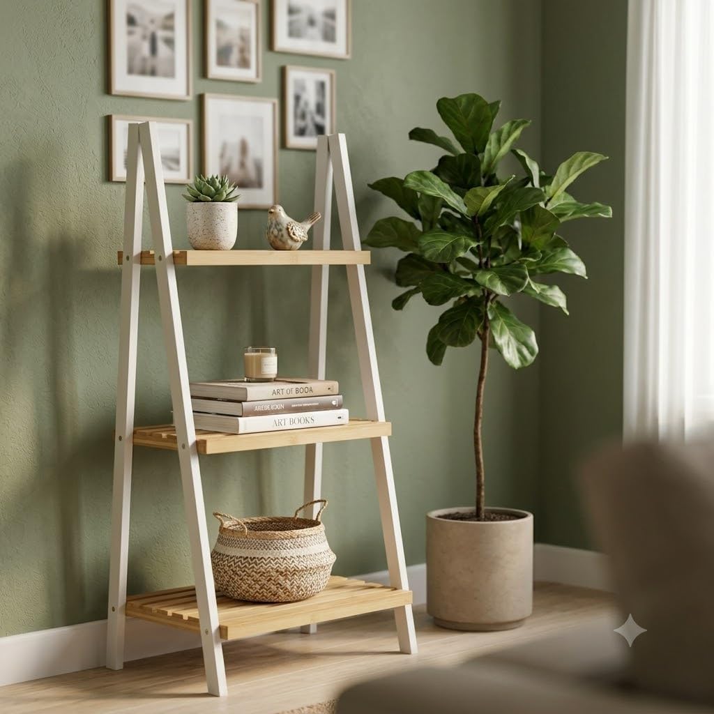 Generisch Badregal Bambus mit 3 Ablagen - Standregal Pyramide aus natürlichem Holz Leiterregal Stufe