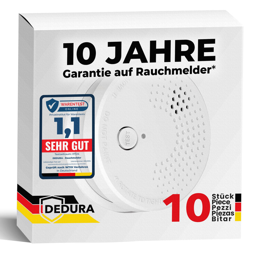 Rauchmelder 10er Set mit 10 Jahre Garantie BSI Zertifiziert nach DIN EN14604 inkl. 9V Batterie Rauch