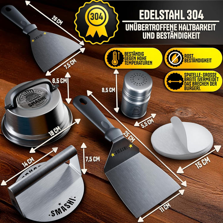 SMASHI® Smash Burger Set Professionell aus Edelstahl 304 – Burgerpresse, 2 Spachtel, Burgerglocke, G