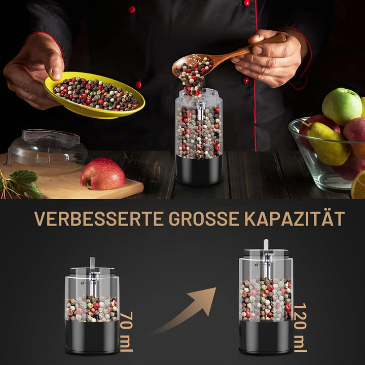 Elektrische Salz- und Pfeffermühle Set, 2 Stück, LED-Display, Einstellbare Mahlgrade, Schwarz (Schwa
