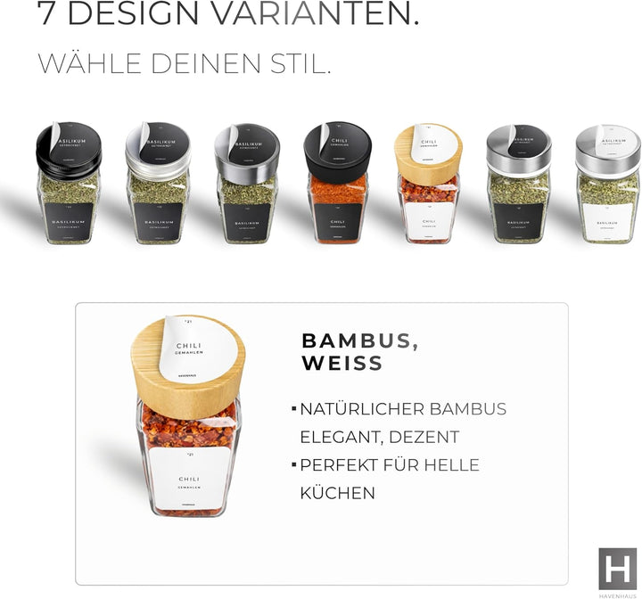 Havenhaus Premium Gewürzgläser Set Bambus | 24 Gewürz Organizer inkl. 336 deutschen Gewürzetiketten