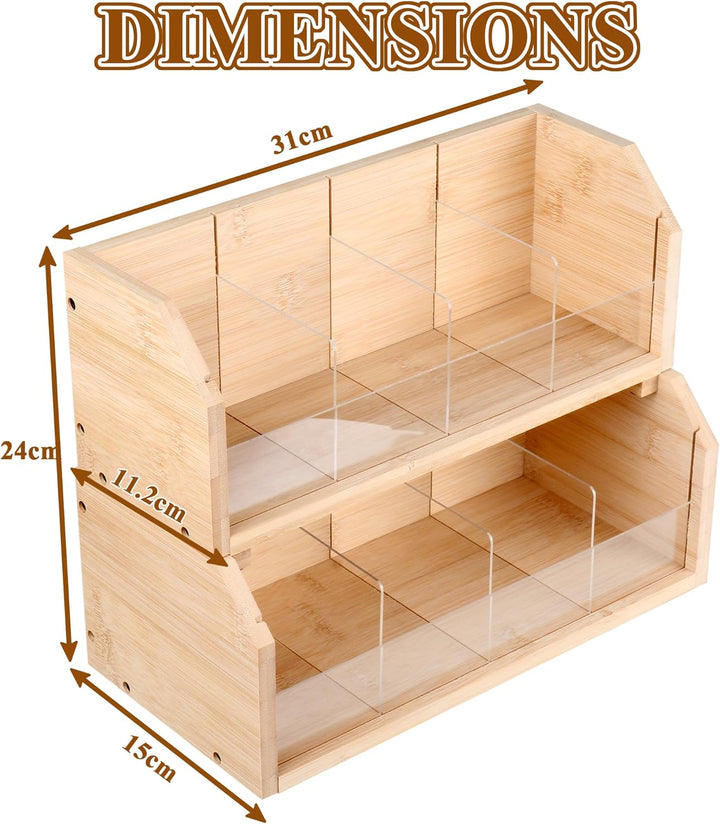 Teebox aus Bambus mit 8 Staufächern für 140 Teebeutel,2 Tier Vertikaler Tee Organizer,Teeboxen für T