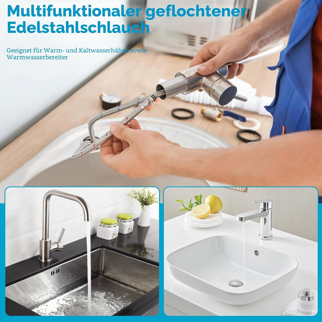 2 Stück Wasserhahn Edelstahl Panzerschlauch, Flexschlauch Schlauch 60 CM, Anschlussschlauch Armatur