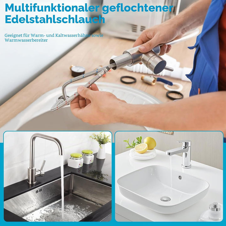2 Stück Wasserhahn Edelstahl Panzerschlauch, Flexschlauch Schlauch 60 CM, Anschlussschlauch Armatur