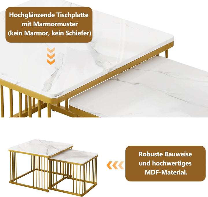 Merax Quadratisch Couchtisch 2er Set, Moderne Wohnzimmertisch mit Marmor Furnier, Hochglanz Satztisc