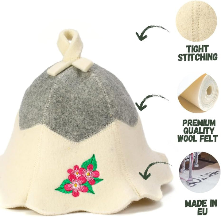 Natural Textile Saunahut 'Sauna Flower' White - 100% organische Wollfilzmützen - Schützen Sie Ihren