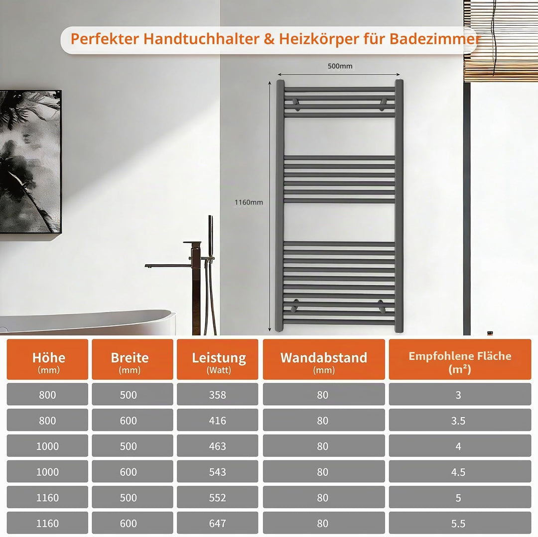Badheizkörper Seitenanschluss 1200x500mm, 500W Handtuchheizkörper &amp; Handtuchtrockner, Einfach Instal