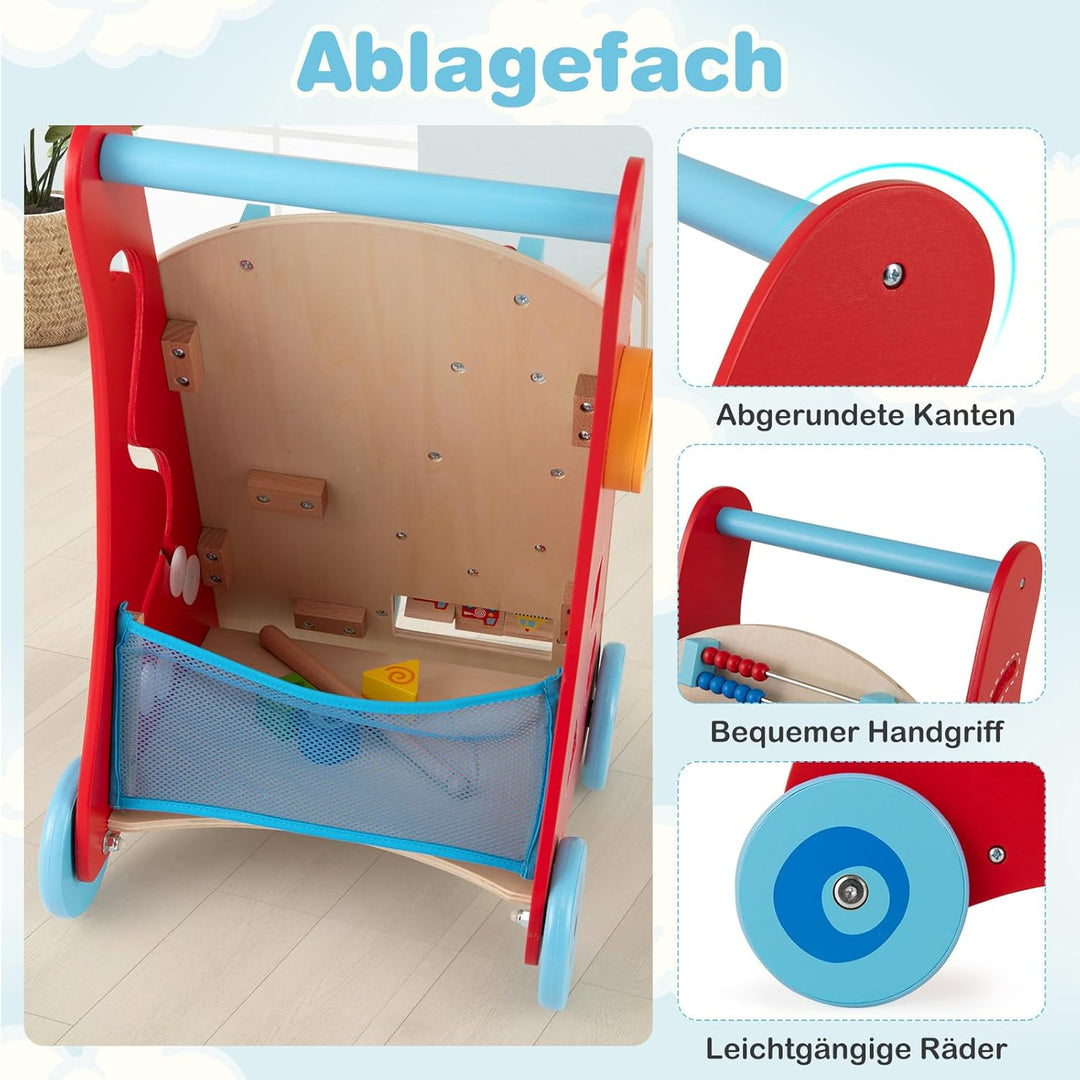 COSTWAY Lauflernhilfe Holz, Baby Lauflernwagen mit Griff, Stauraum & Rädern zum Schieben und Ziehen,
