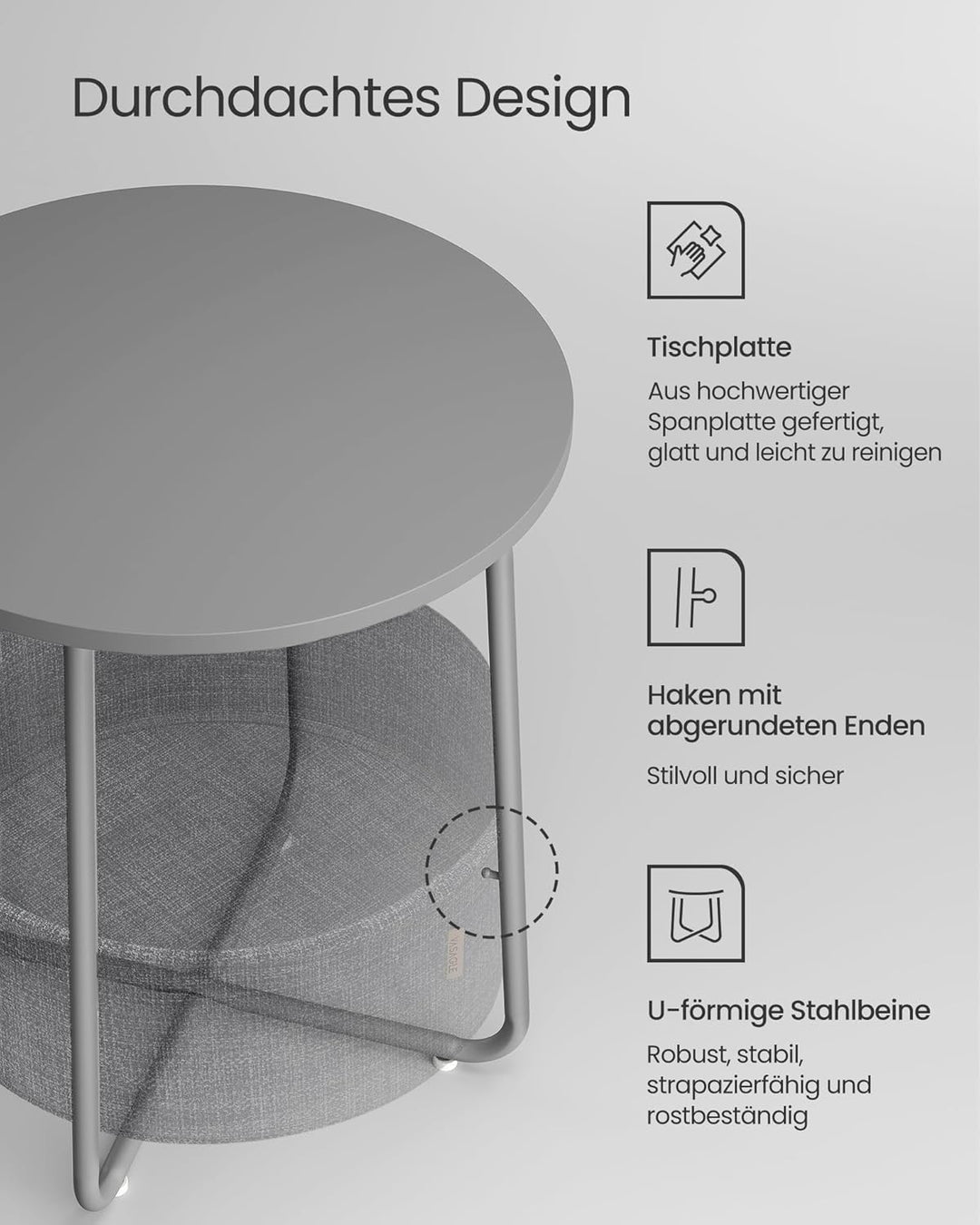 VASAGLE Beistelltisch rund, Kleiner Tisch, Couchtisch klein, Wohnzimmertisch, Korb aus Stoff, Staura