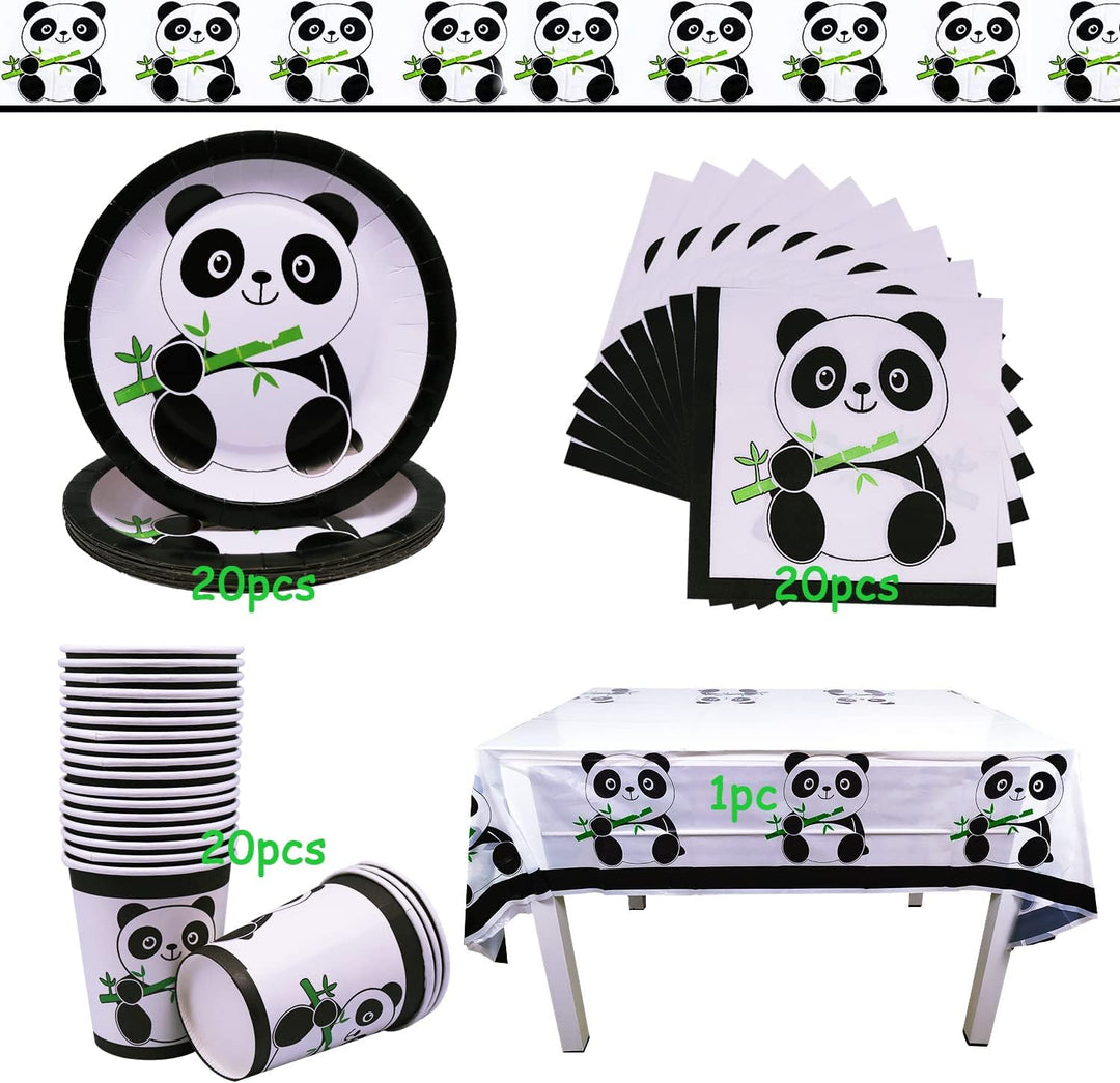 Doyomtoy 61PCSPanda Party Geschirr,Panda Geburtstag Dekoration,Panda Teller,Panda Tassen,Panda Servi
