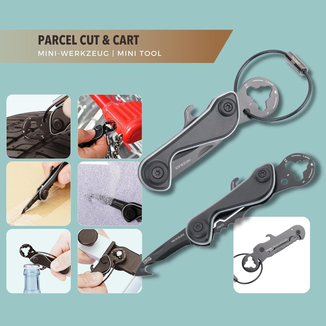Schlüsselanhänger Mini-Werkzeug 9 Funktionen – PARCEL CUT &amp; CART – Einkaufswagenlöser, Paketmesser,