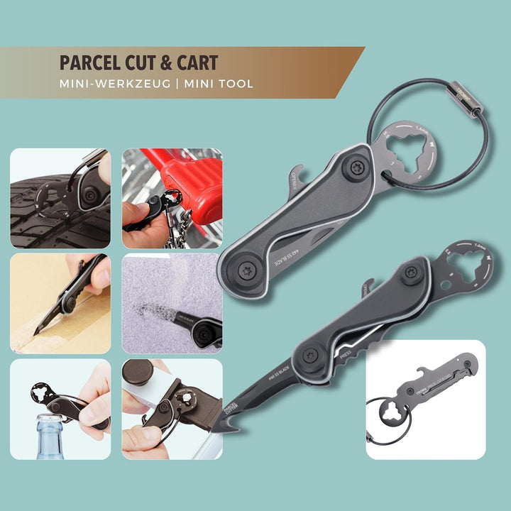 Schlüsselanhänger Mini-Werkzeug 9 Funktionen – PARCEL CUT &amp; CART – Einkaufswagenlöser, Paketmesser,