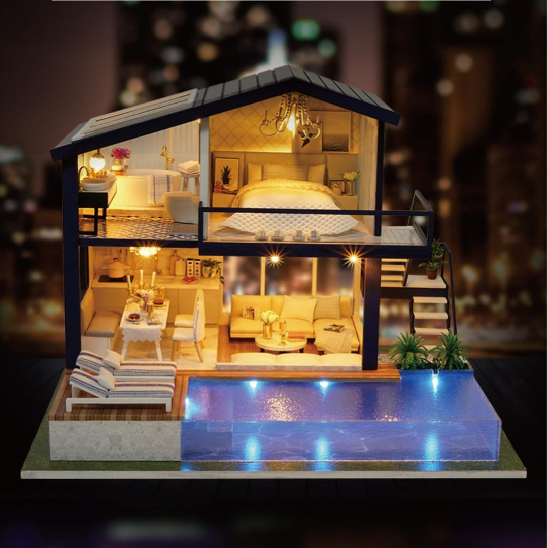 CUTEROOM DIY Holz Puppenhaus Handwerk Miniatur Kit Modell & Möbel - Time Apartment mit Schwimmbad, T