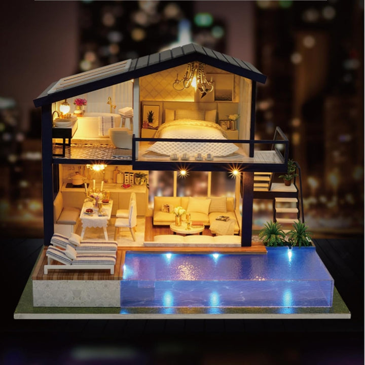 CUTEROOM DIY Holz Puppenhaus Handwerk Miniatur Kit Modell & Möbel - Time Apartment mit Schwimmbad, T